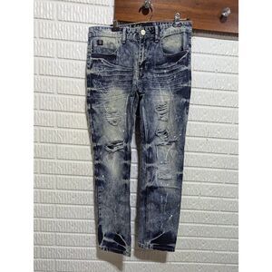 Switch Men's Blue Dark-Wash Denim Mid-Rise Distressed Slim Straight-Leg Jeans Si